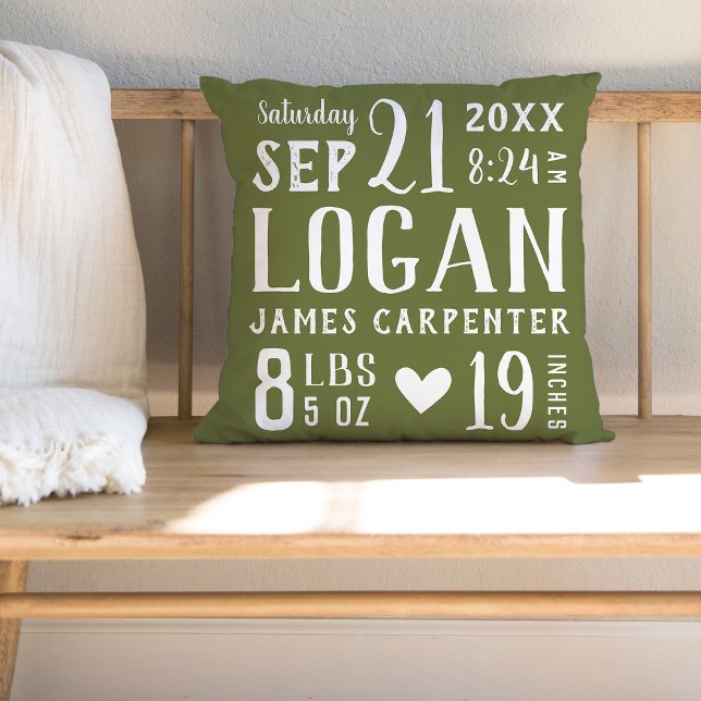 Olive Green Baby Boy Birth Stats Keepsake Throw Pillow (Creator Uploaded)