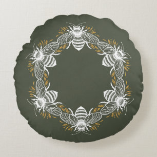Olive Green Bee Circle Round Pillow