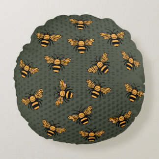 Olive Green Bee Mingle Round Pillow