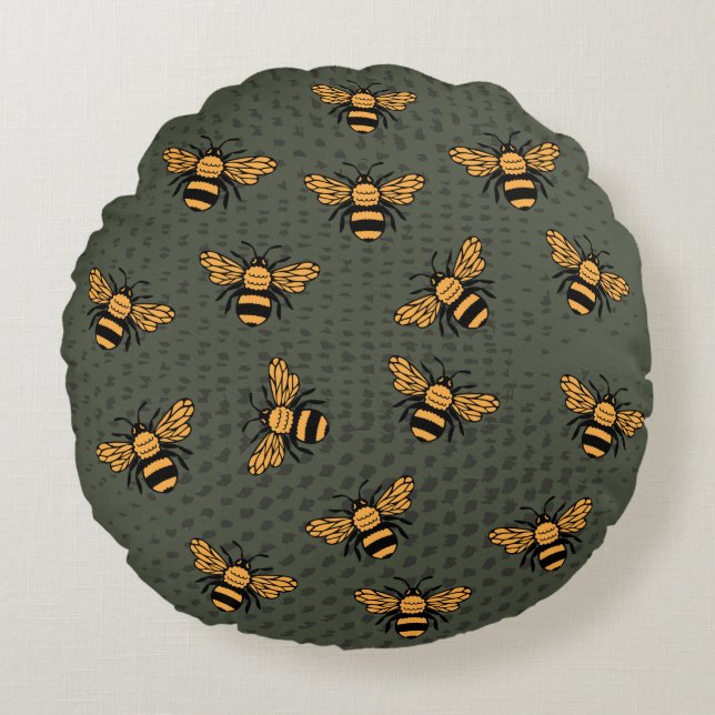 Olive Green Bee Mingle Round Pillow (Front)