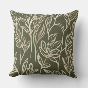 Olive Green Beige Abstract Botanical Print Throw Pillow