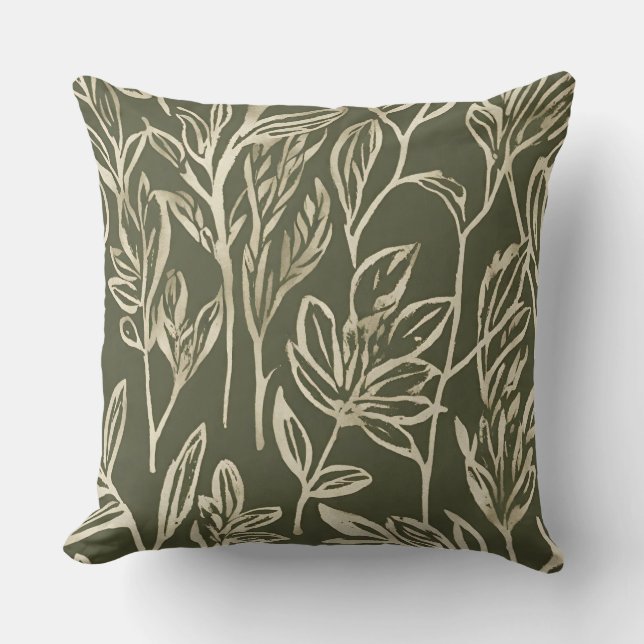 Olive Green Beige Abstract Botanical Print Throw Pillow (Front)