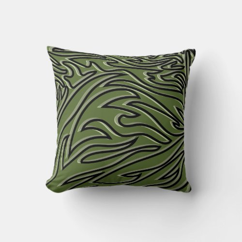 Olive Green  Black Abstract Flame Pattern Throw Pillow