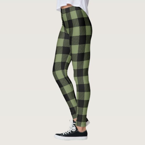 Olive Green Black Buffalo Check Plaid Pattern Leggings