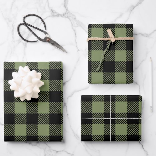 Olive Green Black Buffalo Check Plaid Pattern Wrapping Paper Sheets
