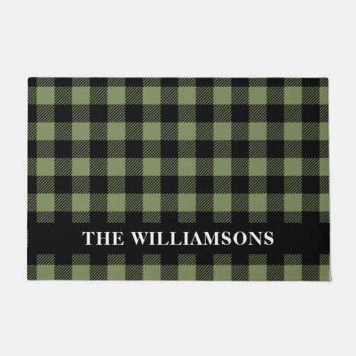 Olive Green Black Buffalo Check Plaid Personalized Doormat