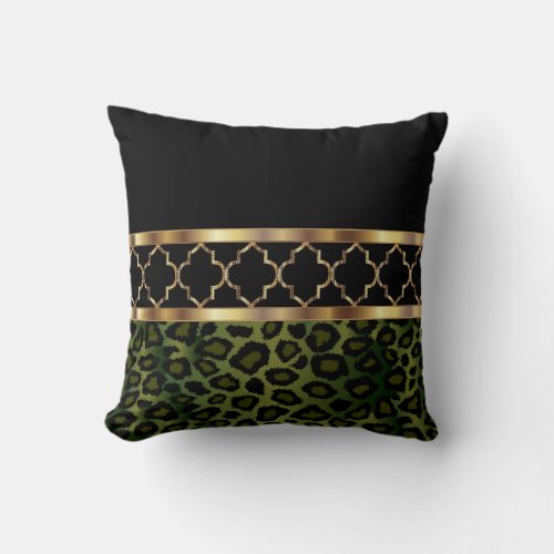 Olive Green Black  Gold Quatrefoil and Leopard Throw Pillow