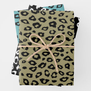 Olive Green Black Leopard Print Wrapping Paper Sheets