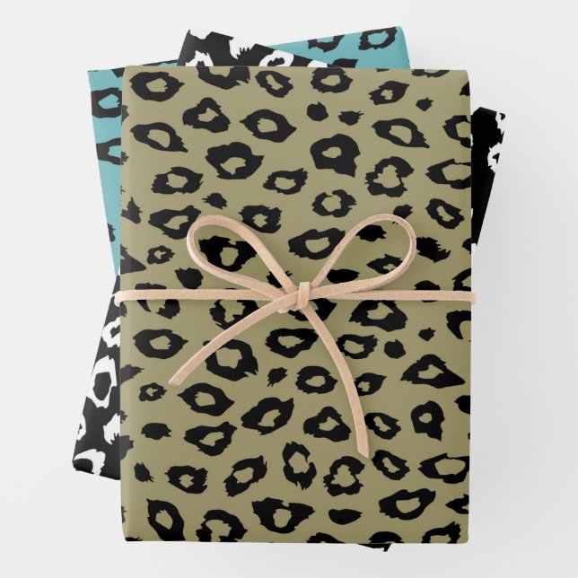 Olive Green Black Leopard Print Wrapping Paper Sheets (In situ)