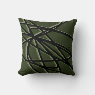 Olive Green & Black Modern Abstract Linear Design Throw Pillow