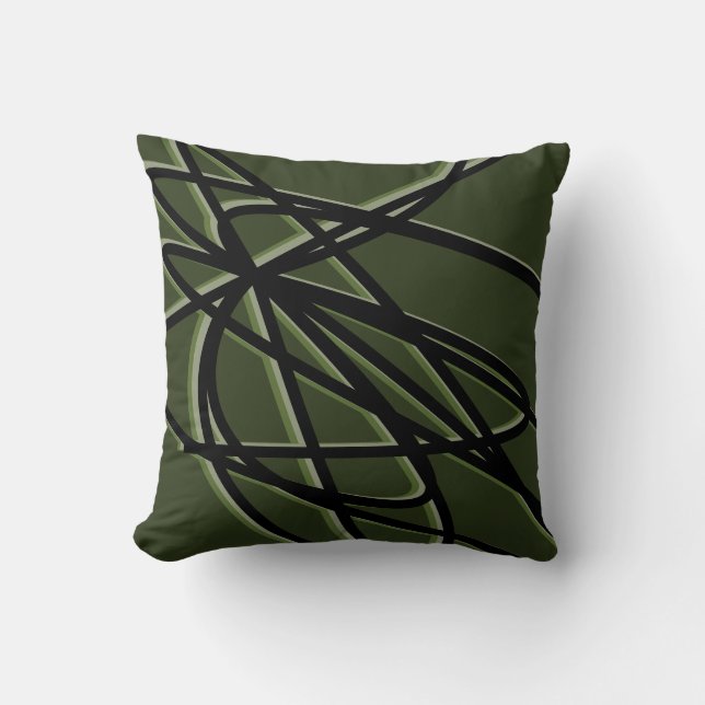 Olive Green & Black Modern Abstract Linear Design Throw Pillow (Front)