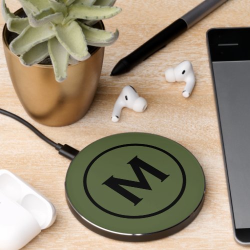 Olive Green Black Modern Monogram Wireless Charger