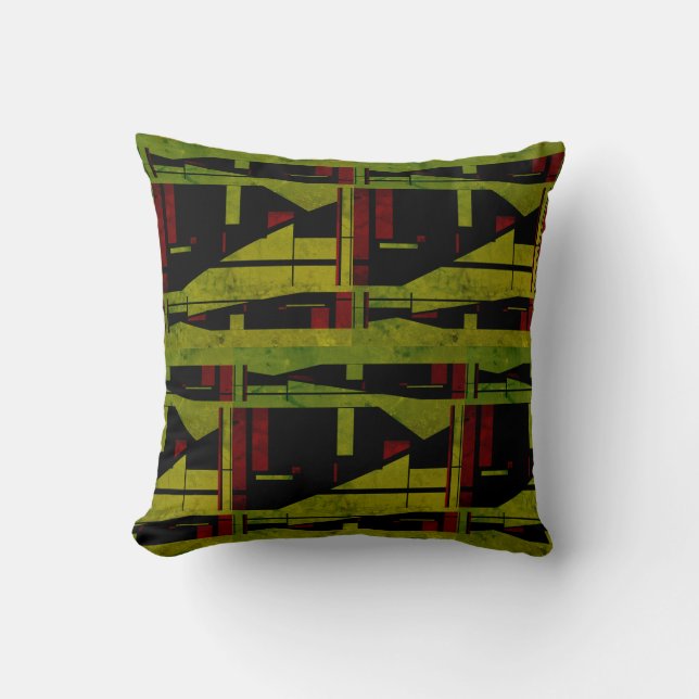 Olive Green Black Red Abstract Large Mosaics Motif Throw Pillow (Front)