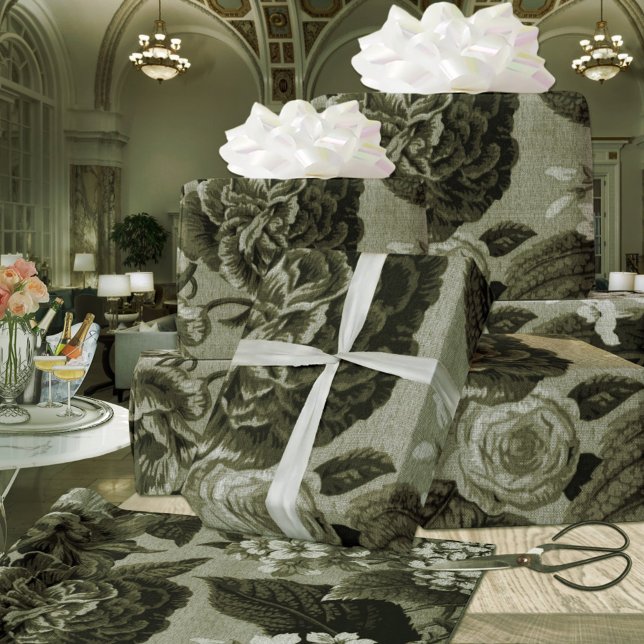 Olive Green Black Vintage Botanic Floral Toile Wrapping Paper (Creator Uploaded)