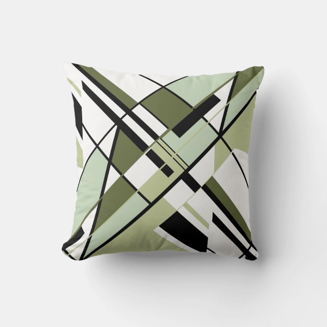 Olive Green Black White Diagonal Angular Design Throw Pillow (Front)