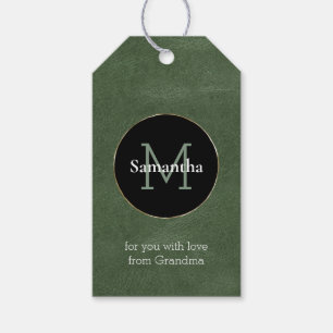 Olive Green Black White Gold Monogram Christmas Gift Tags