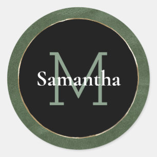 Olive Green Black White Gold Monogram Classic Round Sticker