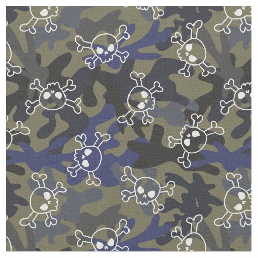 Olive Green Blue Camo Pattern Skulls Fabric