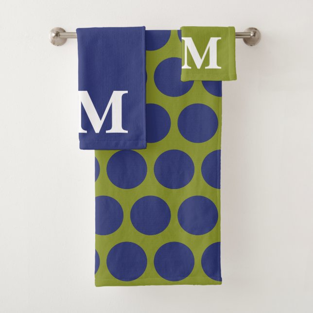  Olive Green &blue Polka dots monogram initial Bath Towel Set (Insitu)