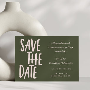 Olive Green Blush Handwritten Modern Wedding Save The Date