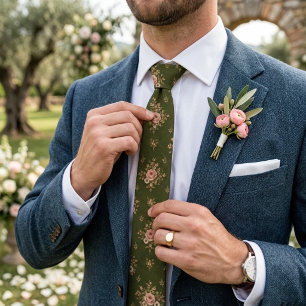 Olive Green Blush Rose Chintz Bouquet Pattern Neck Tie