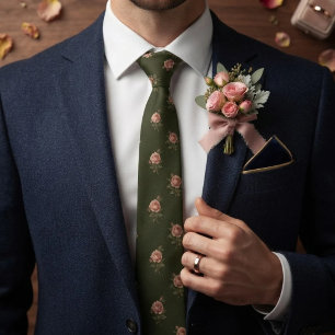 Olive Green Blush Rose Scattered Botanical Neck Tie