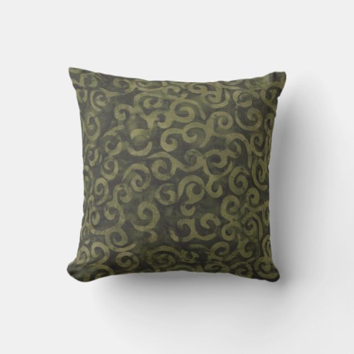 Olive Green Boho Batik Swirl Pattern Outdoor Pillow