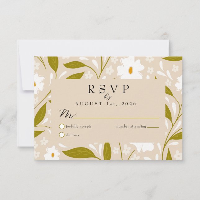 Olive Green Boho Floral Wedding RSVP Response Card (Front)