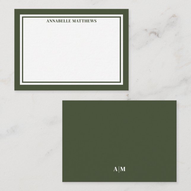 Olive Green Border Minimalist Monogram Note Card (Front/Back)
