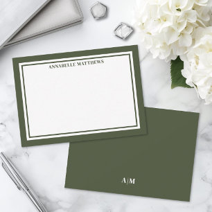 Olive Green Border Minimalist Monogram Note Card