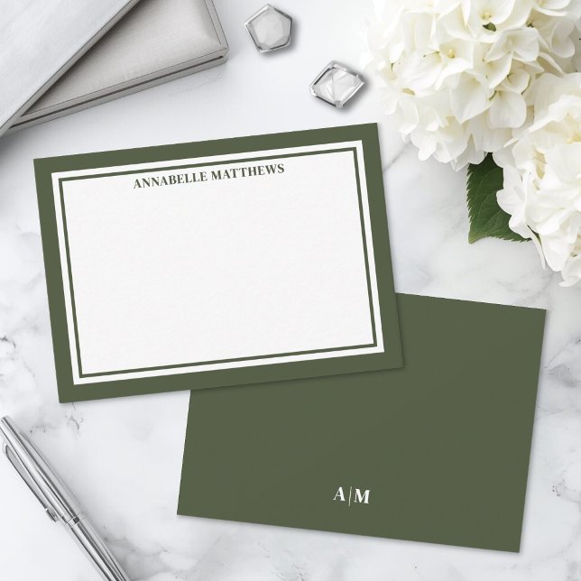 Olive Green Border Minimalist Monogram Note Card (Olive Green Border Minimalist Monogram Note Card )