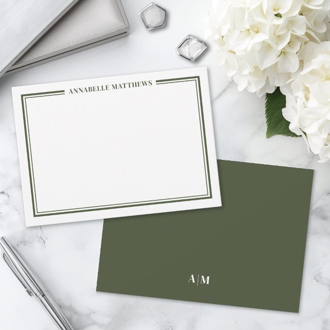 Olive Green Border Minimalist Name Monogram Note Card (Olive Green Border Minimalist Name Monogram Note Card)
