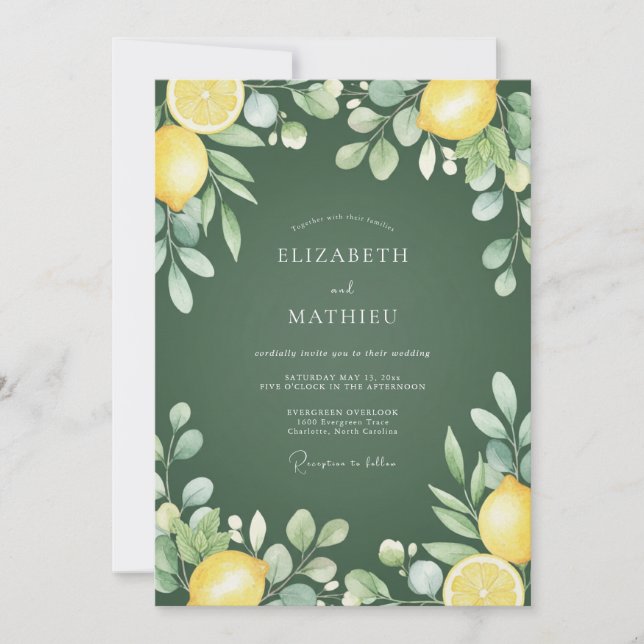 Olive Green Botanical Citrus Wedding Invitation (Front)