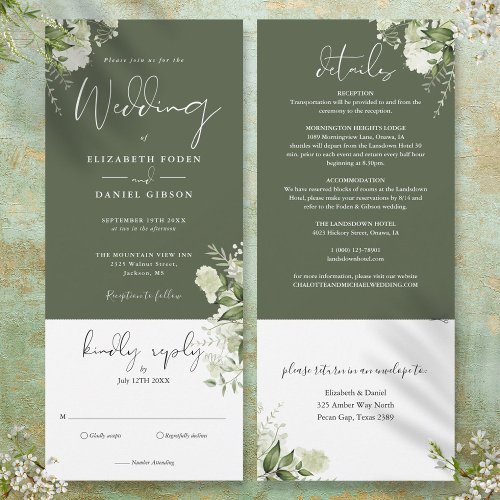 Olive Green Botanical Floral All In One Wedding  Invitation