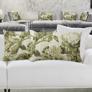 Olive Green Botanical Floral Toile Fabric No.5 Lumbar Pillow