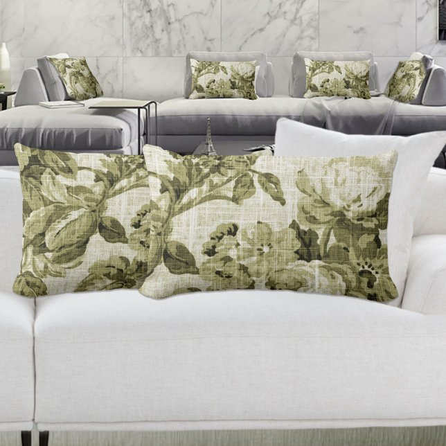 Olive Green Botanical Floral Toile Fabric No.5 Lumbar Pillow (Creator Uploaded)