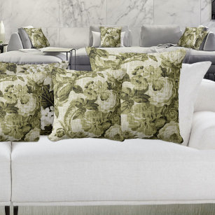 Olive Green Botanical Floral Toile No.5 Throw Pillow