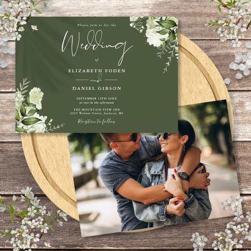 Olive Green Botanical Greenery Photo Wedding Invitation