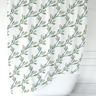 Olive Green Botanical Leaf Pattern Shower Curtain