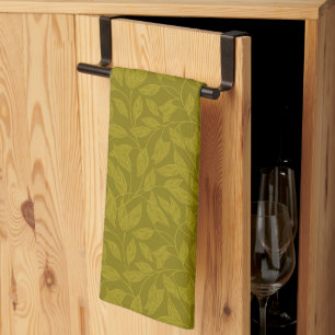 Olive Green Botanical Leaf Vine Pattern Kitchen Towel
