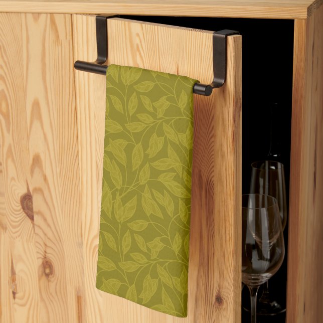 Olive Green Botanical Leaf Vine Pattern Kitchen Towel (Thirds Fold)