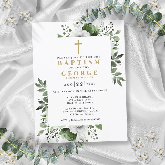 Olive Green Botanical Modern Baptism Invitation Postcard (Olive Green Botanical Modern Baptism Invitation Postcard)