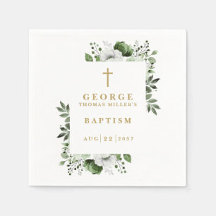 Olive Green Botanical Modern Baptism Napkins
