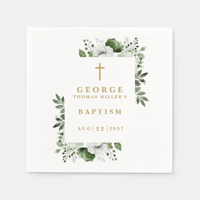 Olive Green Botanical Modern Baptism Napkins (Front)