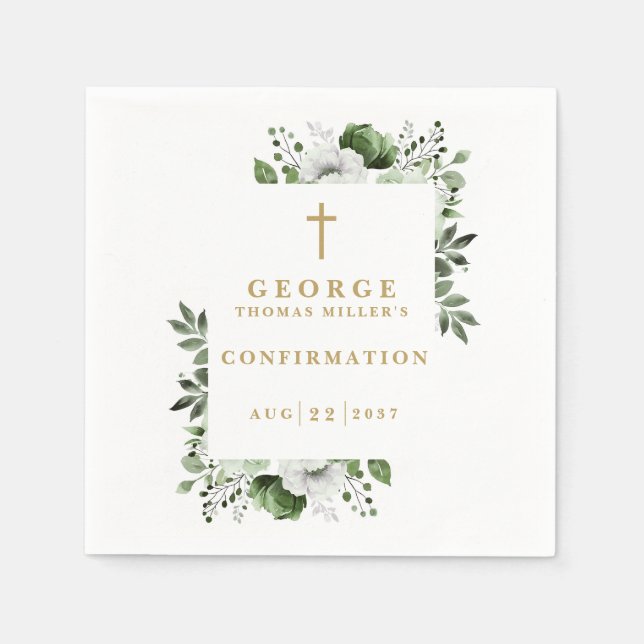 Olive Green Botanical Modern Confirmation Napkins (Front)