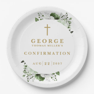 Olive Green Botanical Modern Confirmation Paper Plates