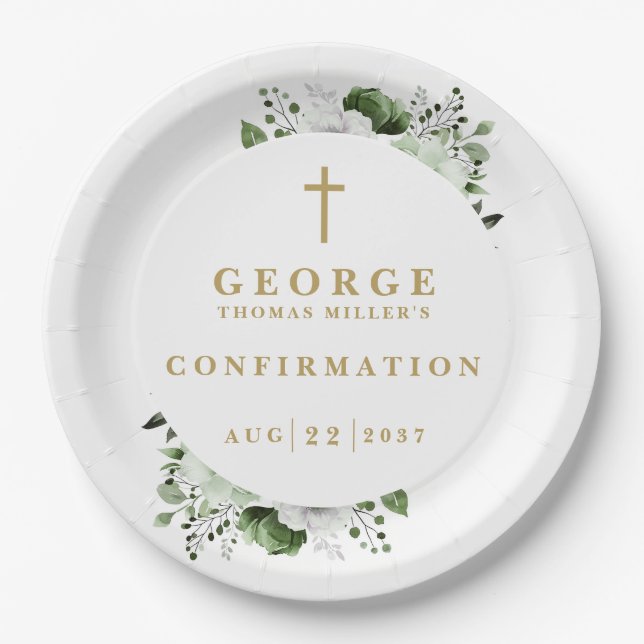 Olive Green Botanical Modern Confirmation Paper Plates (Front)