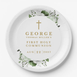 Olive Green Botanical Modern First Holy Communion Paper Plates