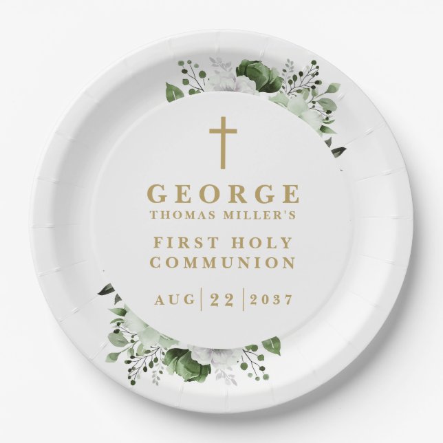Olive Green Botanical Modern First Holy Communion Paper Plates (Front)