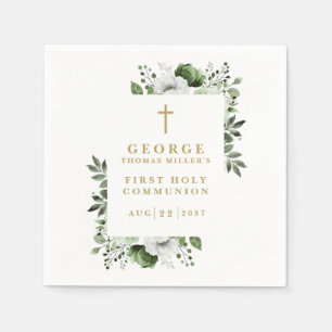 Olive Green Botanical Modern Holy Communion Napkins
